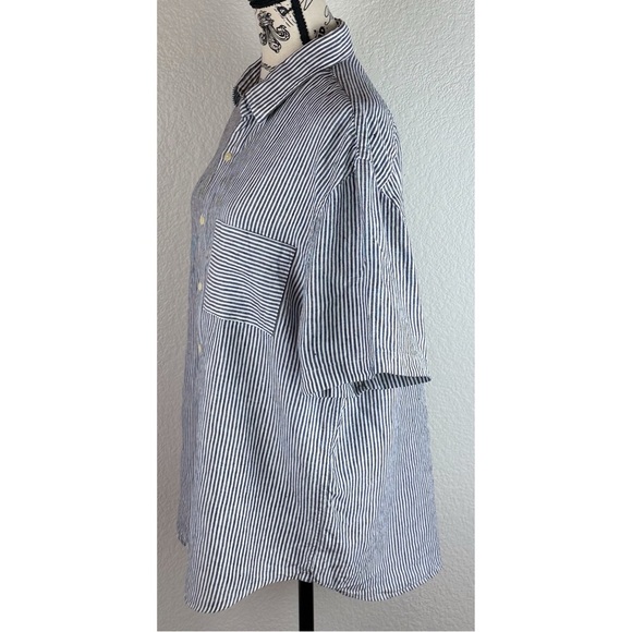 Alex Crane Men's Ola Linen Stripped Short-Sleeve Button-Down Shirt Blue/White XL - Picture 4 of 13
